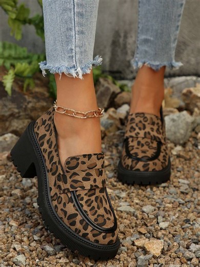 Damen High Heel Pumps, Damen Plateau Pumps mit Blockabsatz und quadratischer Zehenform, Damen Pumps mit Rundkappe, Damen Pendler Pumps, Leopard Muster Damen Pumps, Damen Plateau Loafer in Braun mit Leopard Muster