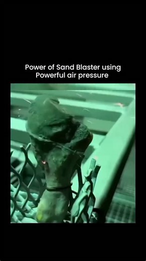 How Everything Works on Instagram: "High-power sandblasting uses a strong air compressor to blow tiny rough particles (like sand or small beads) at very high speed through a hose and nozzle. The fast-moving particles hit a surface with force and scrape off things like rust, paint, dirt, or old coatings. This makes the surface clean or rough so it can be painted or treated again. The machine (called a blast pot) holds the blasting material and mixes it with high-pressure air. The type of material