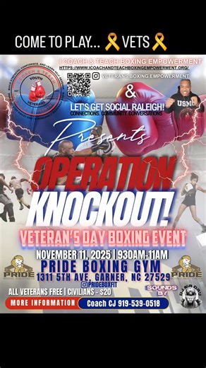COME TO PLAY....🎗VETS🎗 🥊🥊🥊🎗🎗🎗🥊🥊🥊 VETERANS DAY BOXING CLINIC AT PRIDE BOXING AND FITNESS IN GARNER, NC. 11/11/25 9:30AM - 11AM 9:30 AM - 11:00 AM Tue, Nov 11, 2025 Pride Boxing and Fitness 1311 5th Ave. Garner, NC 27529 VETERANS DAY BOXING CLINIC/EVENT FOR "VETERANS DAY 2025" 🥊🥊🥊🎗🎗🎗🥊🥊🥊 *FREE- FOR VETS *$20.00- FOR CIVILIANS *$20.00- FOR BOXING GLOVES ***ADULTS ONLY*** EVENT #VETERANS BOXING EMPOWERMENT #VETERANS BOXING #VETERANS #VETS #BOXING EMPOWERMENT #BOXING #FREE BOXING C