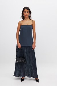 Sheer Plisse Skirt Slip Dress Navy