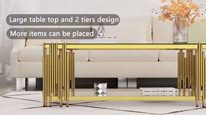 Black Glass Coffee Table 43" Modern Living Room Table Gold Stainless Steel Metal Leg Rectangular Tempered Glass Luxury Center Tables for Home Office