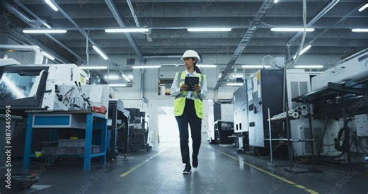 Female Worker in a White Hard Hat and Reflective Vest Walks Through a Manufacturing Facility, Inspecting Machinery. Factory is Equipped with Advanced Automated Engineering Tools for Production Work