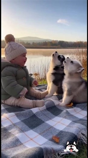 The Baby is Learning to Howl from Husky Puppies!