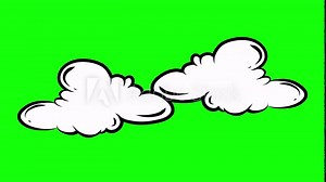 Two Moving Clouds Animated Cartoon Clouds Looped Isolated on Green Chroma key Backdrop Natural landscape illustration. Hand Drawn Clouds background. Animated clouds background template on green screen
