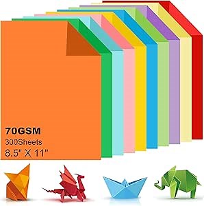 300 Sheets A4 Coloured Paper, 8.5" X 11" Handmade Copy Paper (10 Colors), 70gsm, Double Sided Colored Origami Paper Cardstock for Kids DIY Art Crafts School Office Colorful Projects