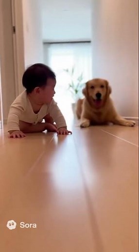 赤ちゃんがハイハイしてると、犬が先導して一緒にハイハイレース