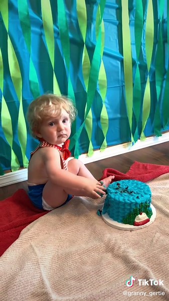 Wyatt’s first birthday 🥳 Now he is two Where does the time go!???#grandmasoftiktok #birthdaycake #grandson #myheart