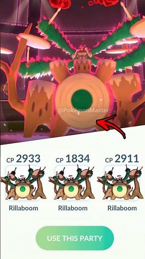 using Triple GIGANTAMAX RILLABOOM team in Pokemon GO.