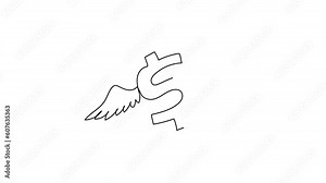 Self drawing animation of single line draw flying American dollar symbol with wings. Symbolizing the rise of the dollar in market. Dollar symbol and wings. Continuous line draw. Full length animated