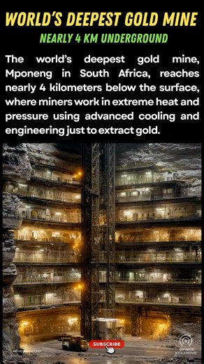 Did You Know? The World’s Deepest Gold Mine The world’s deepest gold mine, Mponeng in South Africa, reaches nearly 4 kilometers below the surface, where miners work in extreme heat and pressure using advanced cooling and engineering just to extract gold. #DidYouKnow,#DeepestMine,#GoldMining,#MponengMine,#ExtremeEngineering,#HumanLimits,#UndergroundWorld,#EarthSecrets,#ScienceFacts,#MiningLife,#Geology,#ExtremeDepths,#HiddenEarth,#IndustrialWonders,#WorldRecords,#EngineeringMarvel,#MindBlowingFac