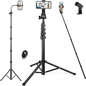 Phone Tripod Stand, 74" Selfie Stick Tripod with Remote Gooseneck Cellphone Holder, Phone Stand for Video Recording Photo Vlog, Compatible with iPhone Plus Pro Max Cellphone Cameras