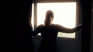 Bright New Sunny Day Woman Opens Curtains In Stock Footage SBV-352253789 - Storyblocks