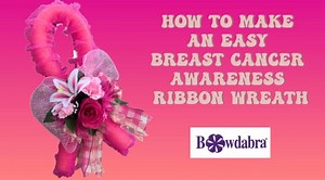 How to make a Breast Cancer Awareness Ribbon Wreath from a pool noodle… Supplies: 1 yard of 10” wide Deco Mesh 1.5 yards of 2.5” wide wired ribbon 1 of each ribbon… 24” long tails 4 24”-26” strips of 1.5” wide ribbon (2 of each color) 1 Pool Noodle 1 Shower Poof 1 floral pick or enough loose flowers & greenery to fill the center 1 zip tie Large Bowdabra Bowdabra Bow Wire Pink was used in this project, but you can customize this Ribbon Wreath for any cause by using different colors. Music: Le Cha