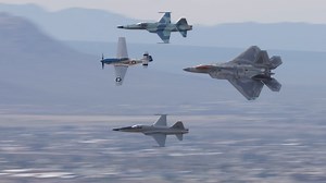 F-22 Raptor Demo - F-5 Tiger II & P-51 Mustang Heritage Flight