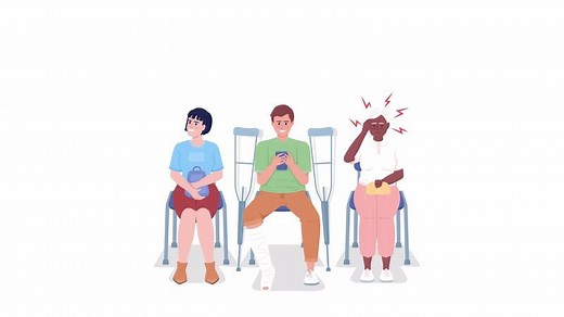 Animated patient queue characters. Waiting doctor appointment in hospital. Flat people HD video footage with alpha channel. Color cartoon style illustration on transparent background for animation