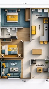 12K views · 161 reactions | ✨ Plano de casa moderna de 2 dormitorios con cocina funcional y sala amplia  | Planos & Proyectos de Construcción | Facebook