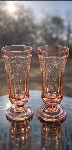 Pink Depression Glass Hurricane Vases Pair | Art Deco Etched Floral | Vintage 1930s Hollywood Regency Mantel Decor - Etsy