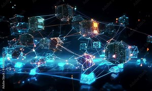 Global Network of Cubes: Futuristic digital illustration of interconnected glowing cubes forming a complex network across the globe, symbolizing global connectivity and data flow.