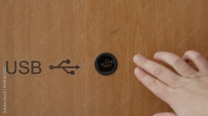 Broken USB socket charger in public place. Connector hacked by vandals. Dangerous exposed wire in outlet. Unrecognizable person touches recharger with hand at place of attachment before repair.