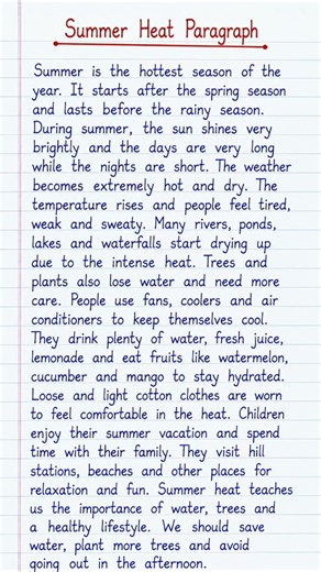 Summer Heat Paragraph in English | Summer Season Paragraph | Beautiful Handwriting