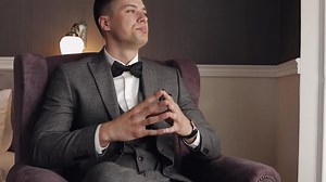 Man put on wrist watch, groom dresses, male businessman waiting for meeting, hand with clock
