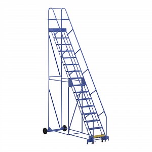 Vestil 16-Step Steel Rolling Warehouse Ladder with 23 9/16" Wide Perforated 58-Degree Angled Steps and 14" Deep Top Step LAD-16-14-P