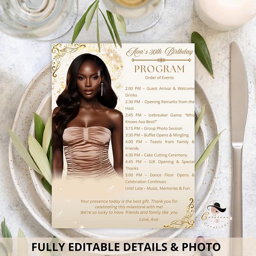 Birthday Party Program Template Bifold Event Programme, Elegant Anniversary Program Card Printable, White Gold Ceremony Program With Picture - Etsy