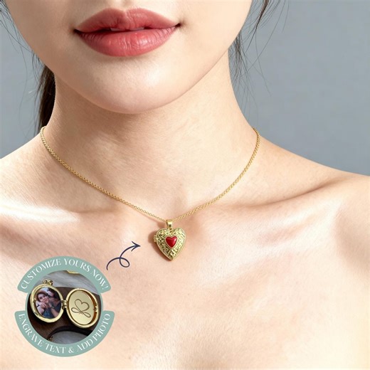 Red Heart Locket Necklace, Vintage Gold Engraved Locket Pendant With Red Crystal, Personalized Keepsake Gift for Her - Etsy