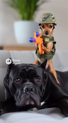 Ready for Duty! Tiny Tank Commander! 🛡️#DogSquad​#TinySoldier​#ChihuahuaLife​#CaneCorso​