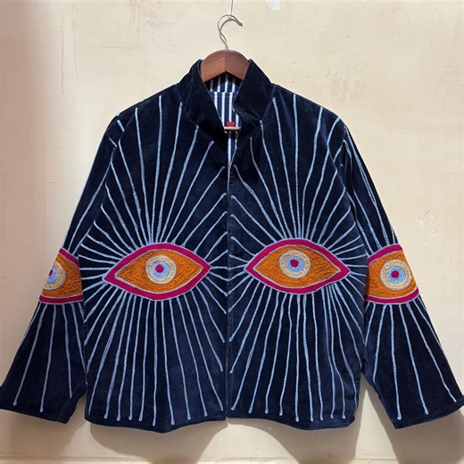 Evil Eye Blue Velvet Jacket, Embroidered Suzani Unique Jacket, Bohemian Winter Wear Jacket, Pure Velvet Jacket, Personalized Gifts for Her - Etsy