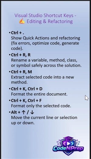 Visual Studio Shortcut Keys for .NET Developers | ✍️ Editing & Refactoring #shorts #youtubeshorts