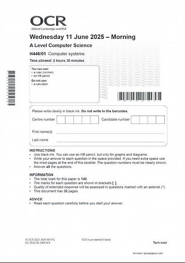 OCR A LEVEL Computer Science H446/01 JUNE 2025 QUESTION PAPER: Computer systems