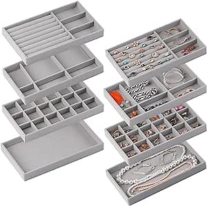 Set of 8 Stackable Jewelry Organizer Stackable Trays for Drawers,Jewelry Drawer Inserts Container Display Case Storage for Earring Necklace Rings Bracelet Watch with Removable Dividers-Grey