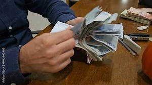 The guy counting money at the table. Counting paper money.