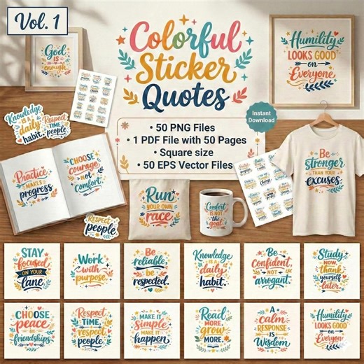 Colorful Motivational Sticker Quotes Bundle – 50 PNG & EPS Files   PDF – Printable Quote Stickers - Etsy