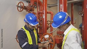 Engineer men or worker team, people working in industry factory. Chiller tower on rooftop building. Fire protection system work machine. Condenser Water Supply pipe lines.