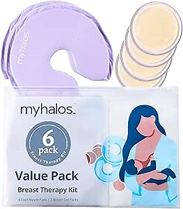MyHalos® Breast Therapy Pack - 2 Hot Cold Breast Therapy Packs & 4 Hydrogel Nipple Pads for Breastfeeding - Breast Heating Pad Relief - Breast Ice Packs for Engorgement & Nipple Gel Soothing Pads