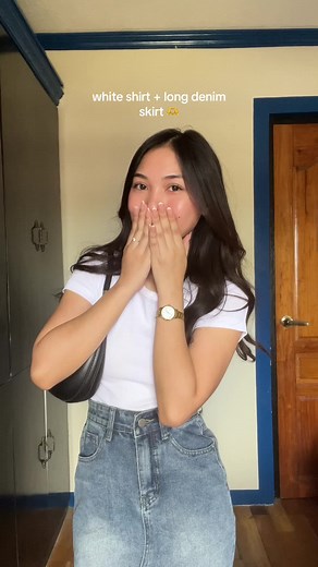 White Shirt and Long Denim Skirt Outfit Ideas