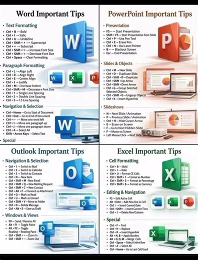Know These 🔥 Shortcut Tips for Word, Excel, PowerPoint & Outlook. #OfficeTips #KeyboardShortcuts