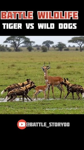 Wild dogs attack leshwe and tiger save lechwe 🐯🐅🦌
