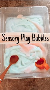 Bubbles make for easy, fun sensory activities. Add scoops or toys and let your kids play away! To make these bubbles: - add 1/2 cup water, 1/4 cup bath bubbles, and a tew drops of food coloring to a large bowl - mix with a handheld mixer on medium/high speed for about one minute - add to a large container to play - repeat for each color Recipe from: @mothercould | CraftMonsterz