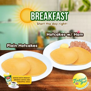 1K views · 42 reactions | Start the day light and fluffy with Tropical Hut’s Hotcakes! Served plain or with ham, these delicious morning hotcakes are paired best with our freshly brewed coffee and pineapple juice. Available until 11am at #TropicalHut! | TROPICAL HUT HAMBURGER | Facebook