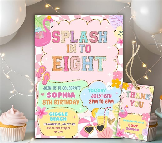 Splash Into EIGHT 8th Birthday Pool Party Invitation Template, Editable Girly Summer 8th Swimming Splash Pad Party Invite Summer Pool Party - Etsy
