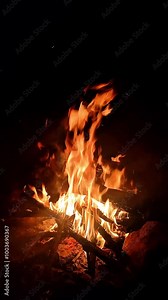 Vertical video background Beautiful bonfire burning in nature at night. Bonfire party celebration is very festive. Burning wood on the beach or in the forest. 4K