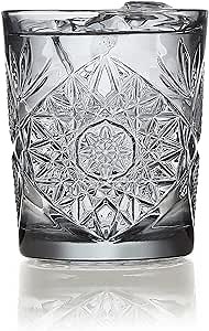 Libbey Hobstar Double Old Fashioned Glasses, Smoke Colored Cut Glass Drinking Glasses Set of 4, Durable, Vintage Whiskey Glasses for Cocktail, Drinks