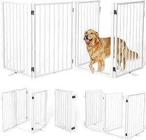 Metal Freestanding Dog Gates with Door for Outdoor Indoor,80'' Extra Wide 32'' Tall Free Standing Dog Gate for Doorways,Large Openings,Deck,Yard,Porch,Foldable Pet Fence(White,4 Panels)