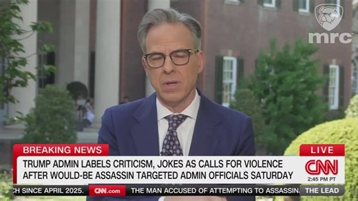 CNN’s Jake Tapper says journalists and comedians like Jimmy Kimmel are not the ones hurling incendiary rhetoric and are not irresponsible for the rise of political violence...“It is a big problem of calls for violence and dehumanization, and it’s getting worse. But it is not a problem to be wielded like a cudgel to try to stop journalism or jokes. Journalism and jokes are not calls for violence, calls for violence are calls for violence, and far too many Americans in positions of power and influ