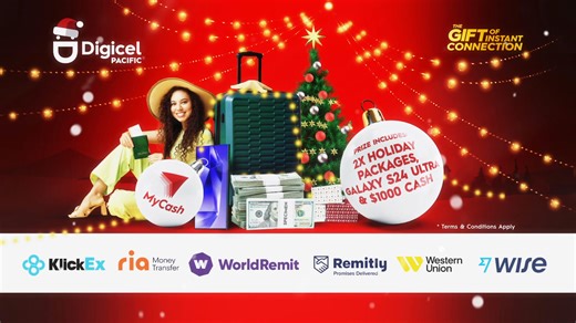 Digicel Pacific gives you The Gift of Instant Connection this Christmas! Send $20 or more Top Up or Money transfer to your family & friends using Digicel in the Pacific, and be in to WIN $10,000 worth of prizes this Christmas! Go to www.digiceltopup.com or www.mygotopup.com or visit a participating store near you! T&C's apply. | Digicel
