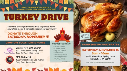 In celebration of our 150th Anniversary, Captain Franz & Milwaukee Fire Department Station 16 is teaming up with the MFD cadet program & Milwaukee Professional Firefighters Association Charitable Foundation to donate 150 turkeys to those in need in this season of giving. We’re asking for you to help build on that number to ensure no one goes without a warm meal this holiday. We’re joining forces with Pastor Ricky & Greater New Birth Church for their annual turkey drive and drive-thru food pantry