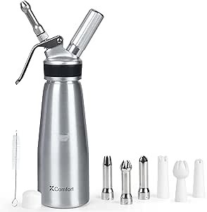 Whipped Cream Dispenser,Leak-Free Professional Aluminum Whip Cream Maker with 2 Sets of Decorating Nozzles & Cleaning Brush for Homemade Whipping Cream